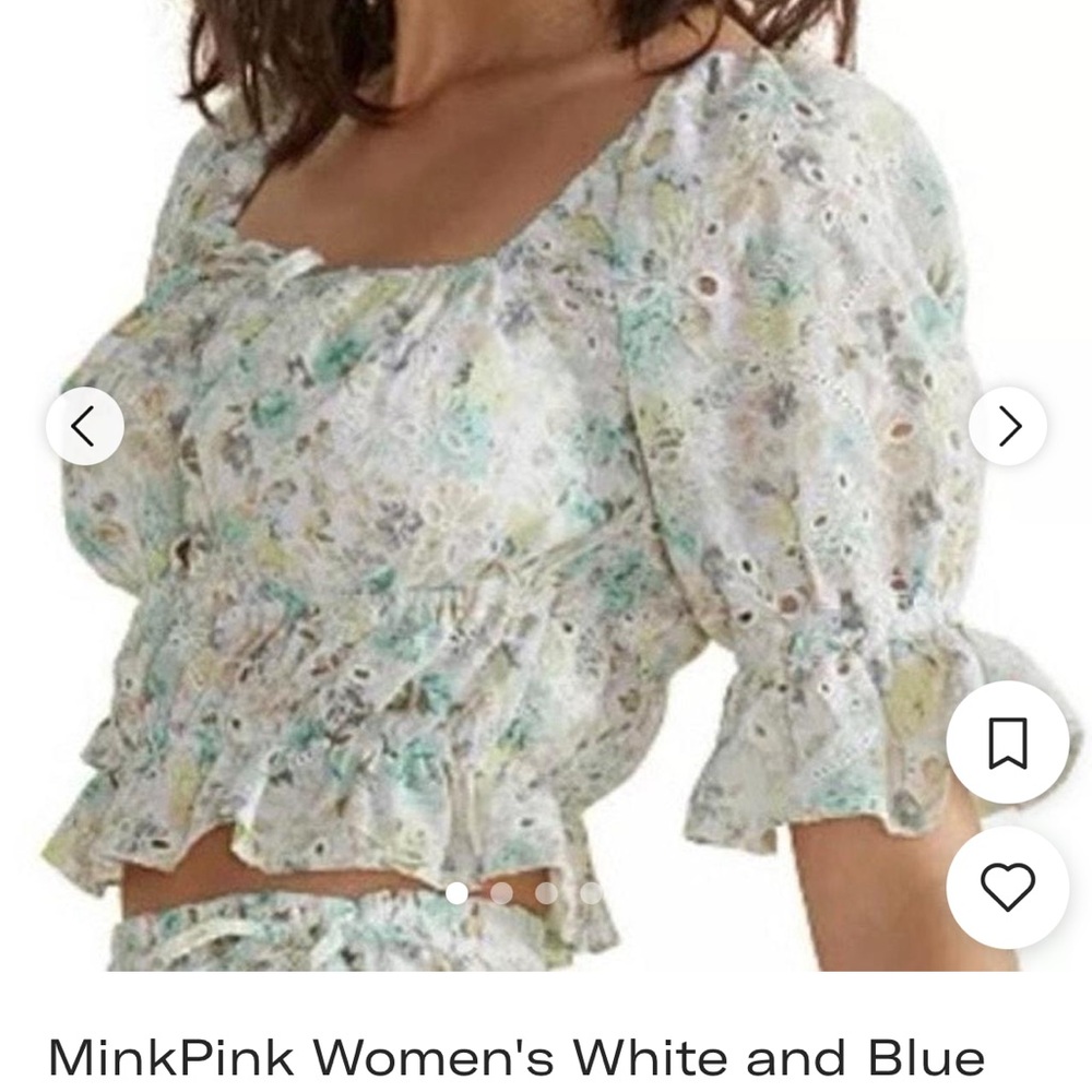 MinkPink Women's White and Blue Floral eyelet Top M
